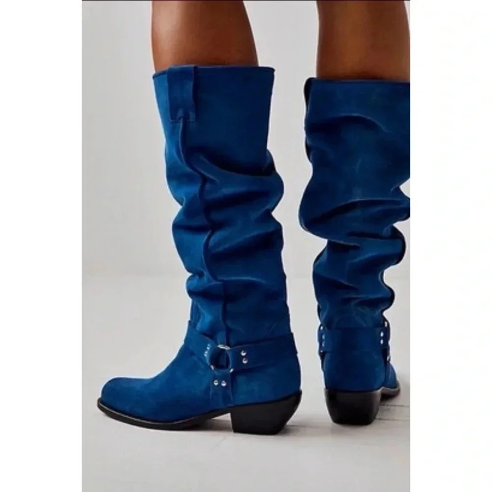 New Free People Suede Knee-High Moto Boots Lockhart Blue Womens Size 6 - Picture 13 of 16